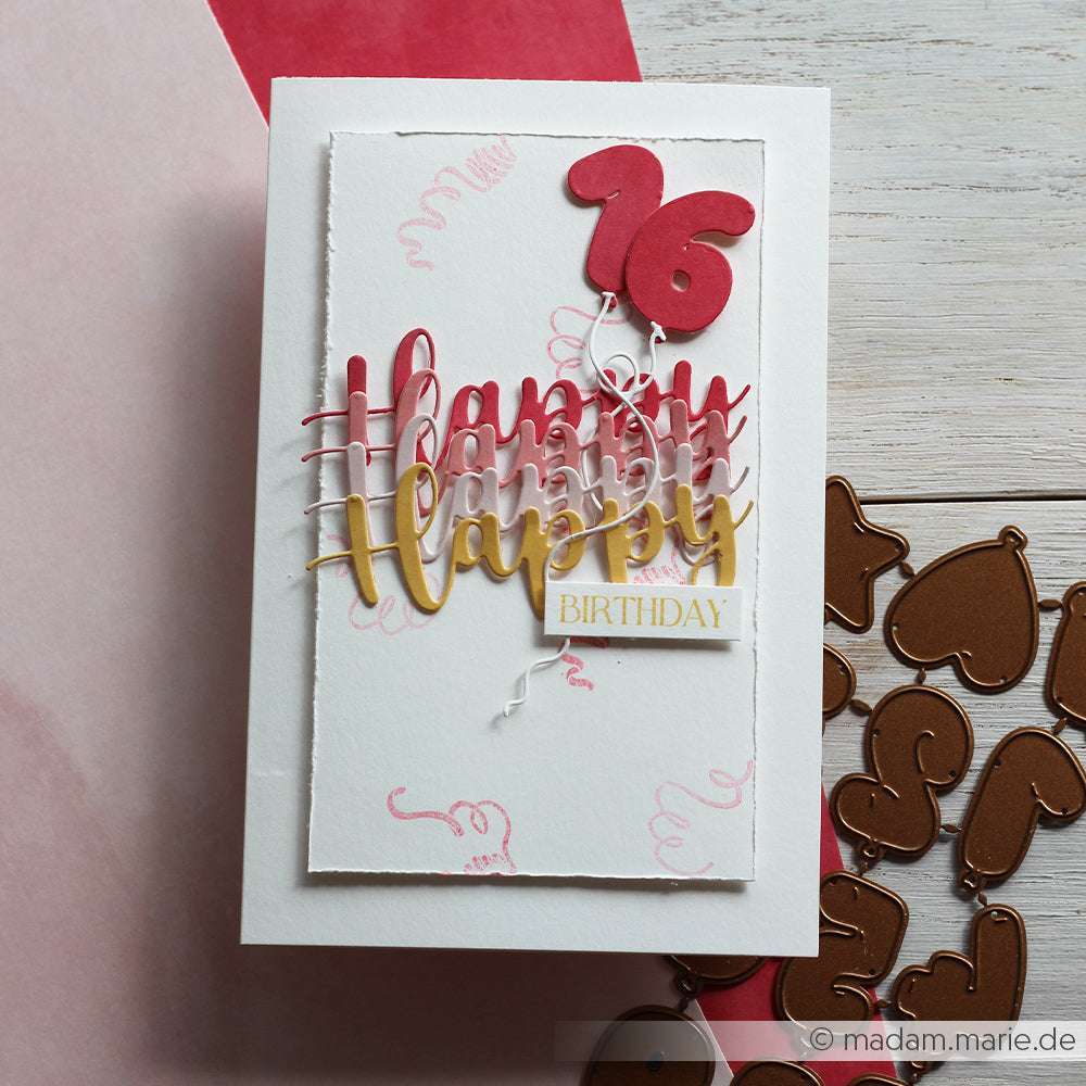 Handgemachte Geburtstagskarte von Alexandra Renke mit "Happy"- und "BIRTHDAY"-Text in Motivstanze Schriften-Duo auf rosa und weißem Designerpapier. Perfekt für eine 16er-Feier!.
