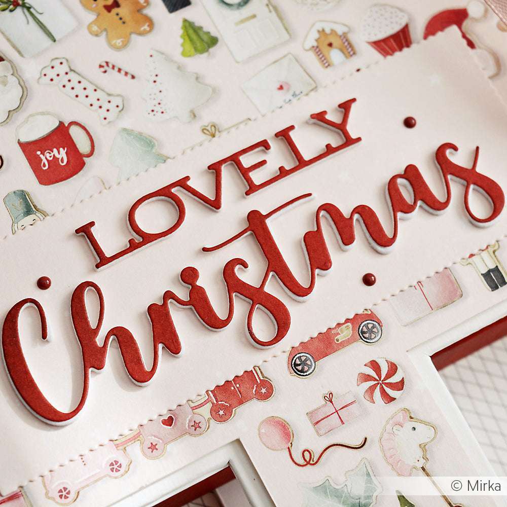 Alexandra Renke Karte mit "Lovely Christmas" in Rot, umgeben von festlichen Illustrationen und Akzenten, die von Merry Christmas Stanze inspiriert sind, für einen bezaubernden Festtagslook.