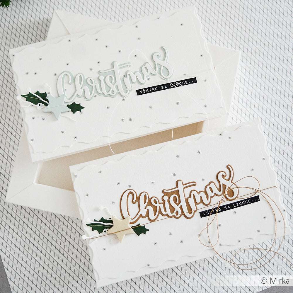 Zwei elegante, handgefertigte Weihnachtskarten von Alexandra Renke mit festlichen Dekorationen und dem Schriftzug "Christmas", der mit aufwendigen Stanzen hergestellt und mit dem Schicht-Wörterset veredelt wurde.