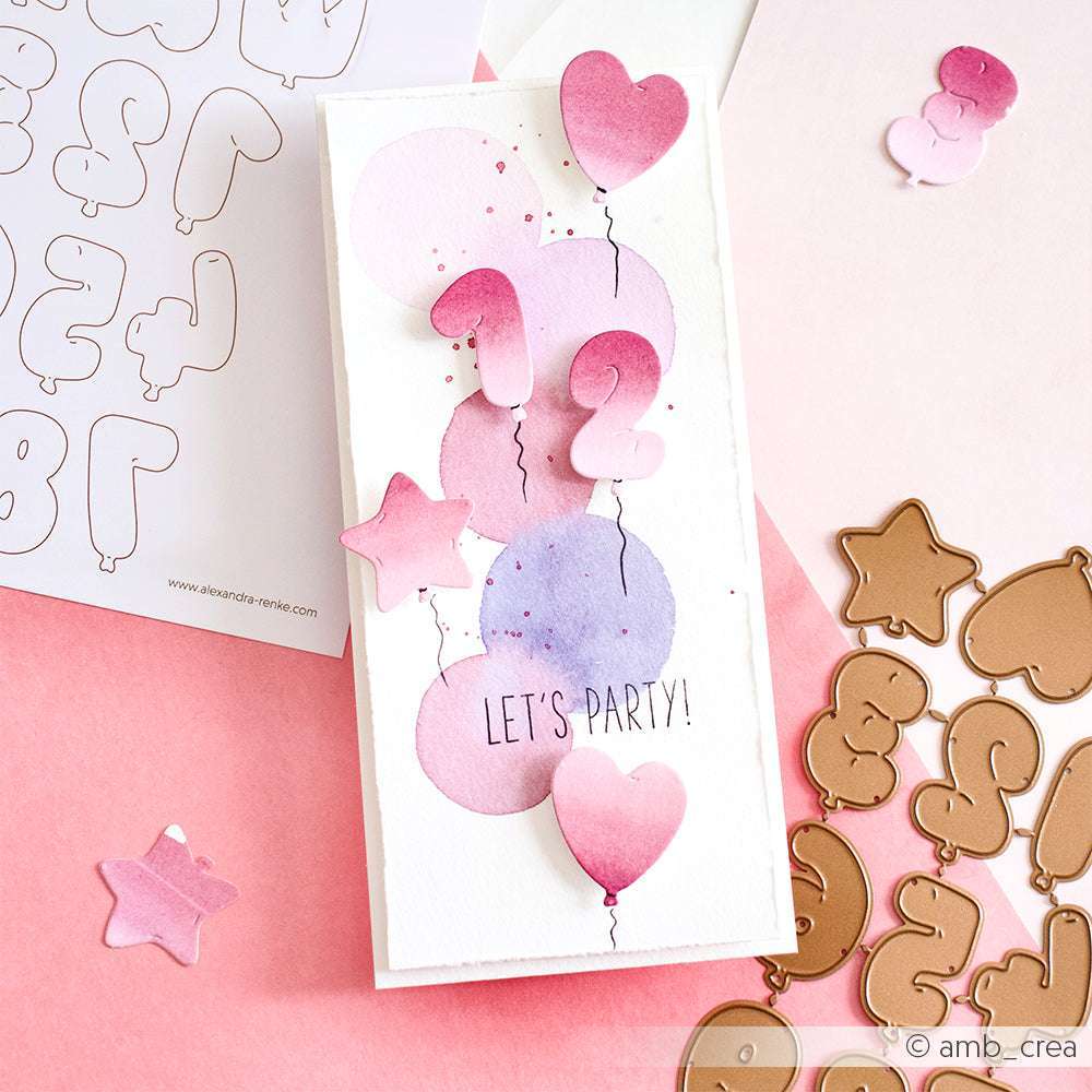 Handgefertigte Karte von Alexandra Renke mit rosa und lila Luftballons, Herz- und Sternausschnitten, hergestellt mit PAPPcut®ies Deep Edge Motivstanzen und Motivstanze Ballon-Zahlen, mit fröhlichem "LET'S PARTY!"-Text.