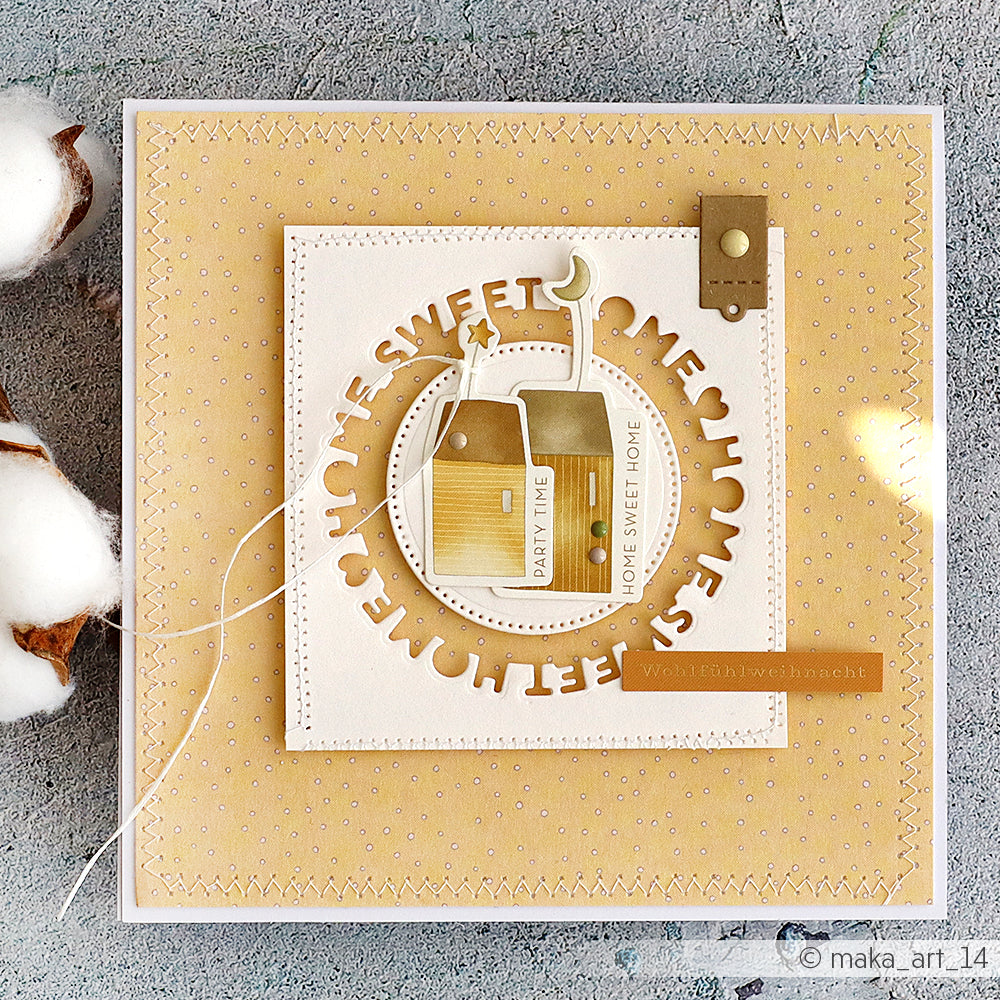 Handgefertigte Karte mit zwei Bechern, "SWEET" in kreisförmigem Design, sanften Gelb- und Brauntönen, mit geschichteten Akzenten, hergestellt mit Alexandra Renke Designpapieren und der Motivstanze Home sweet home DieCut Systeme.