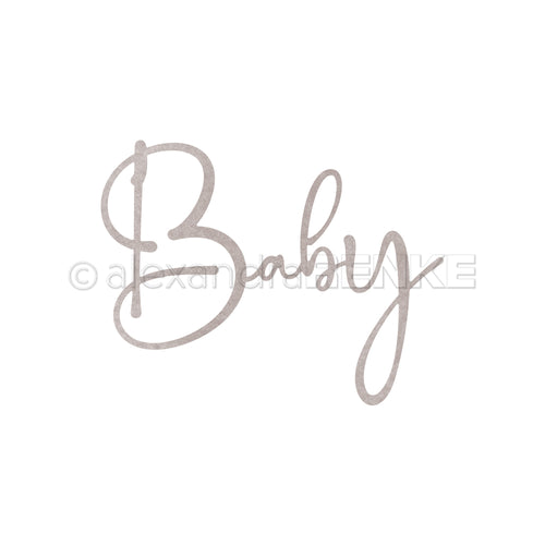 Das handgeschriebene Wort "Baby" in hellgrauer Schreibschrift auf weißem Hintergrund von Alexandra Renke, perfekt für DieCut Systeme oder zur Kombination mit Designpapieren und Motivstanze Baby Kreationen.