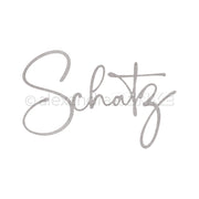 Das handgeschriebene Wort "Schatz" in einer kursiven, grauen Schrift auf weißem Hintergrund von Alexandra Renke - ideal für DieCut Systeme oder zur Kombination mit Ihren Lieblingsdesignpapieren.