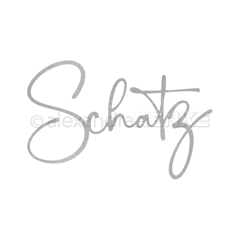 Das handgeschriebene Wort "Schatz" in einer kursiven, grauen Schrift auf weißem Hintergrund von Alexandra Renke - ideal für DieCut Systeme oder zur Kombination mit Ihren Lieblingsdesignpapieren.