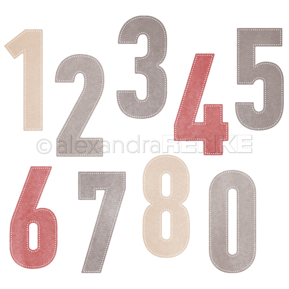 Große gestickte Stoffzahlen 1-8 und 0 in Beige, Grau und Rot auf Weiß - die ideale Inspiration für Alexandra Renke Stanzschablone 0-9 oder Motivstanze Zahlen Projekte.