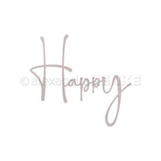 Das Wort "Happy" erscheint in einer leichten, kursiven Schrift auf weißem Hintergrund von Alexandra Renke, ideal für die Verwendung mit Designpapier oder jedem Stanzsystem.