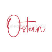 Rote Schreibschrift in der Schreibweise Ostern auf weißem Hintergrund, ideal um Ihren Designpapieren mit der Motivstanze Ostern von Alexandra Renke eine besondere Note zu verleihen.