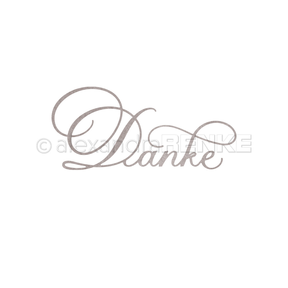 Das Wort Danke, gestaltet mit der Alexandra Renke Motivstanze Kalligrafisch Danke, erscheint in eleganter Schreibschrift auf weißem Hintergrund - ideal, um Ihre Designpapiere mit Charme aufzuwerten.