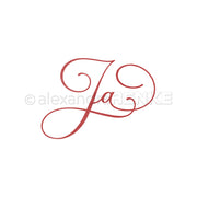 Das Wort Ja erscheint in eleganter roter Schreibschrift auf weißem Hintergrund und unterstreicht die Schönheit der Motivstanze Kalligrafisch Ja von Alexandra Renke für Designpapier und kreative Stanzsysteme.