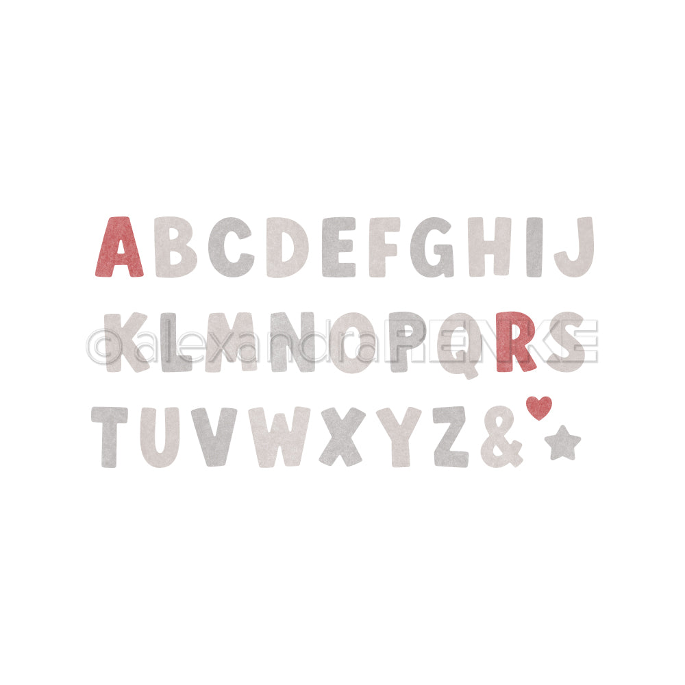 Ein Alphabet aus grauen und roten Buchstaben, darunter ein Und-Zeichen, ein Herz und ein Stern, das mit Stanzsystemen hergestellt wurde.