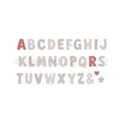 Ein Alphabet aus grauen und roten Buchstaben, darunter ein Und-Zeichen, ein Herz und ein Stern, das mit Stanzsystemen hergestellt wurde.