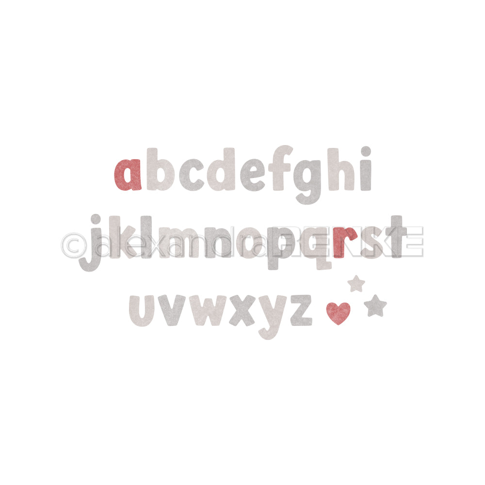 Kleinbuchstaben, ein Herz und ein Stern aus einem „Motivstanze“-Alphabet-Set, wobei die Buchstaben „a“ und „r“ rot hervorgehoben sind.