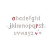 Kleinbuchstaben, ein Herz und ein Stern aus einem „Motivstanze“-Alphabet-Set, wobei die Buchstaben „a“ und „r“ rot hervorgehoben sind.