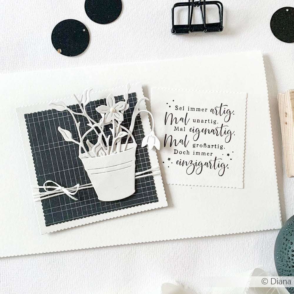Eine handgefertigte Karte von Alexandra Renke zeigt eine weiße Topfpflanze und ein deutsches Zitat auf schwarzem und weißem Hintergrund, erstellt mit Stempelgummi und Stempelkissen für detaillierte Stempeldesigns.