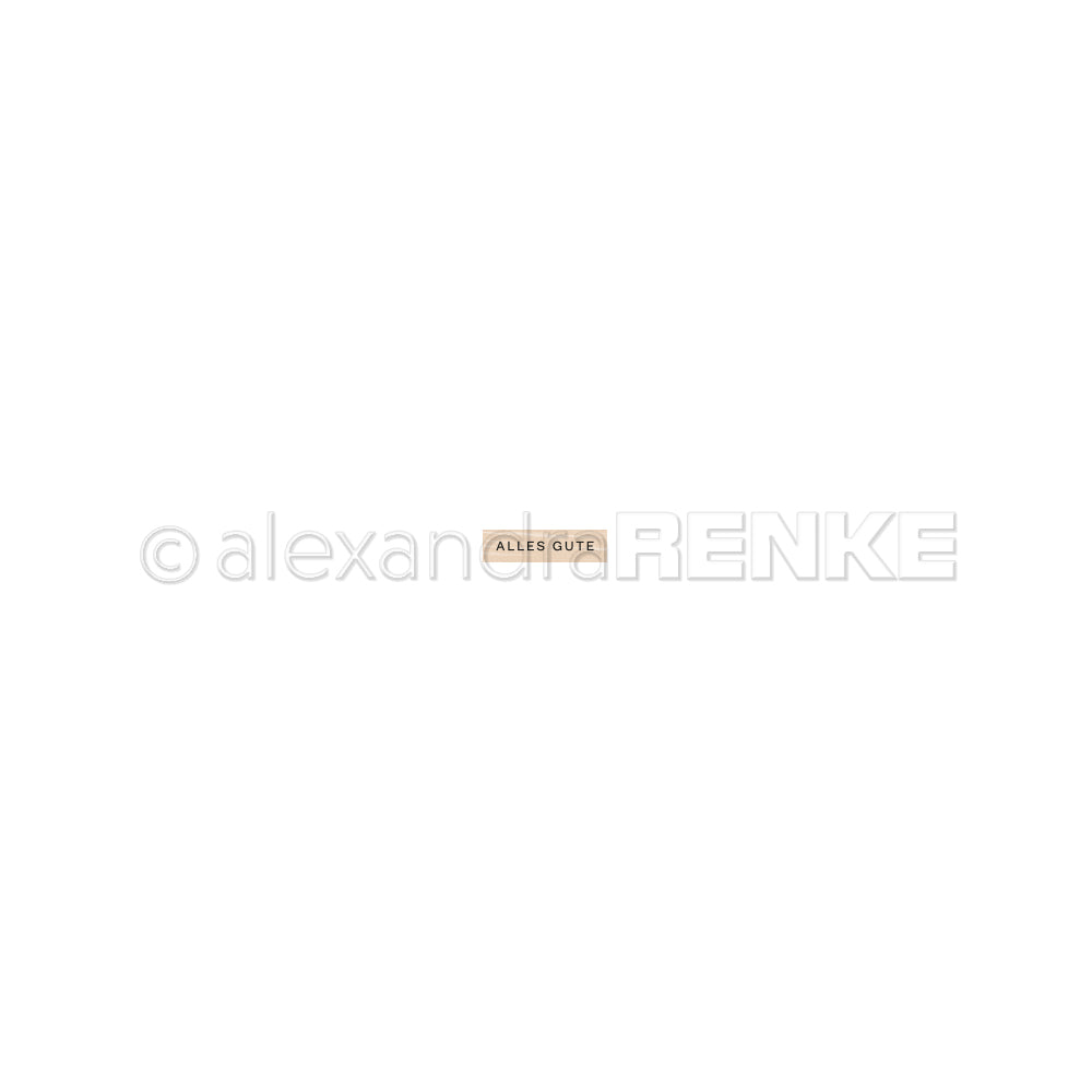 Kleiner Holzstempel von Alexandra Renke mit dem Schriftzug "ALLES GUTE" in Mini Typo, zentriert auf weißem Hintergrund.