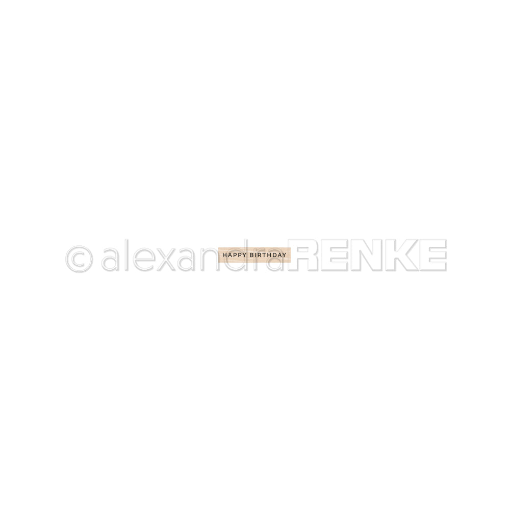 Kleiner Holzstempel von Alexandra Renke mit HAPPY BIRTHDAY Text, zentriert auf einem schlichten weißen Hintergrund. Ideal als Happy Birthday Stempel oder zum Basteln mit Stempelgummi.