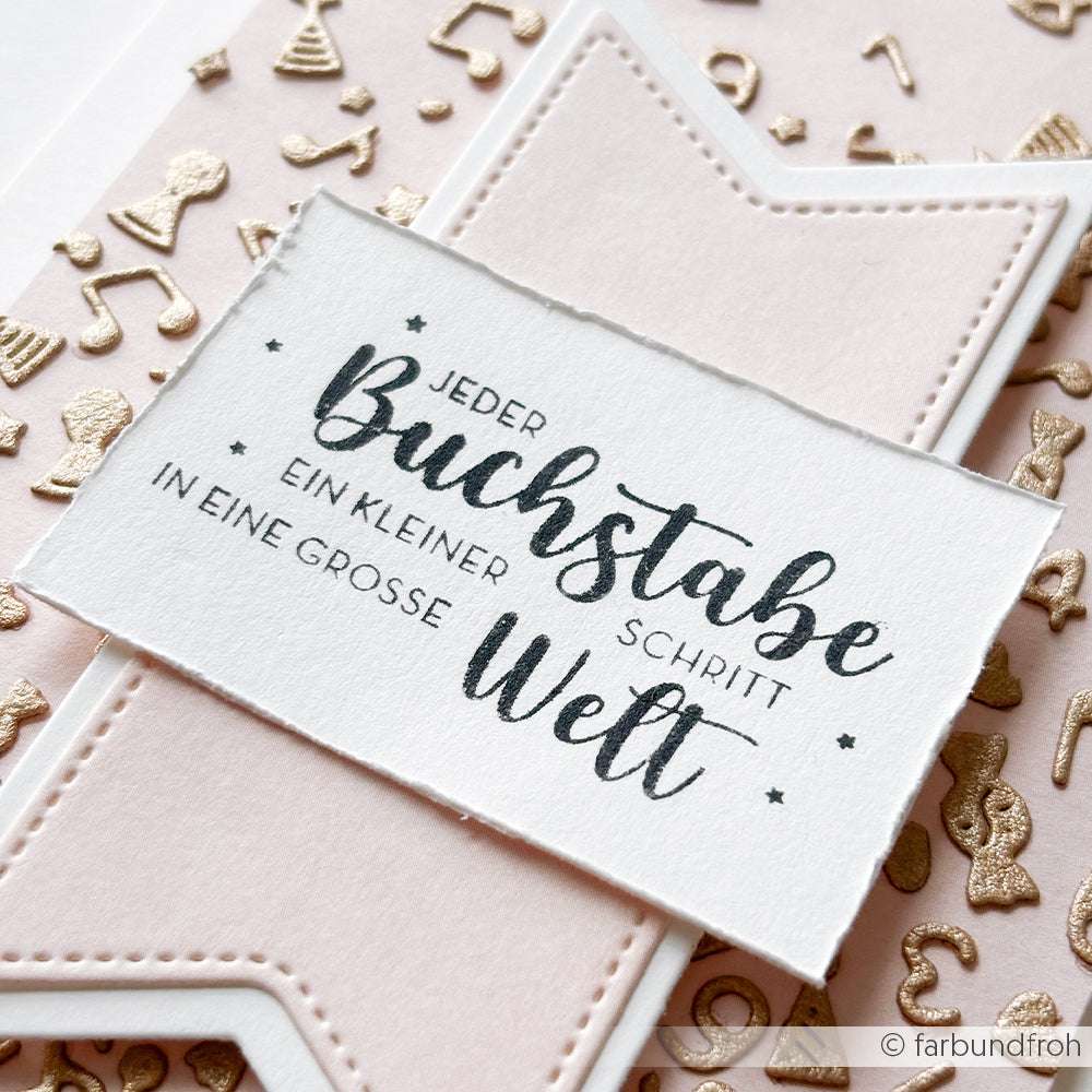 Eine Karte von Alexandra Renke mit deutschem Text, rosa- und goldfarbenen Notenakzenten und einer Sternenbordüre - ideal für Papierprojekte oder zur Kombination mit Ihren Lieblingsstempelkissen.