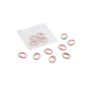 Neun rosa Maschenmarkierer mit ovalen Karabinerhaken und einem durchsichtigen Beutel – ideal für DIY-Projekte wie Handyketten – sind auf weißem Hintergrund abgebildet.
