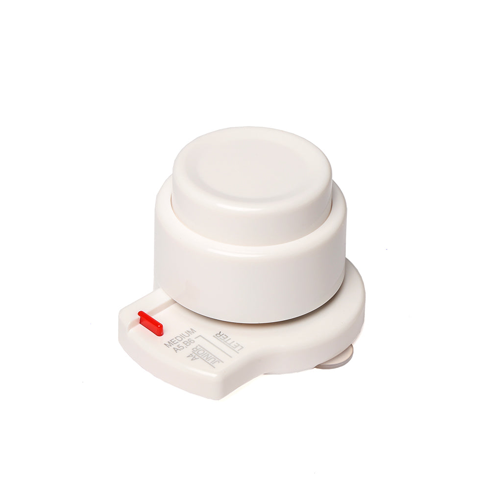 Alexandra Renke weißer elektrischer Bindescheiben Stanzer mit runder Spitze und rotem Schalter, ideal für Ihr Buchbindeprojekt, abgebildet auf einem schlichten weißen Hintergrund.