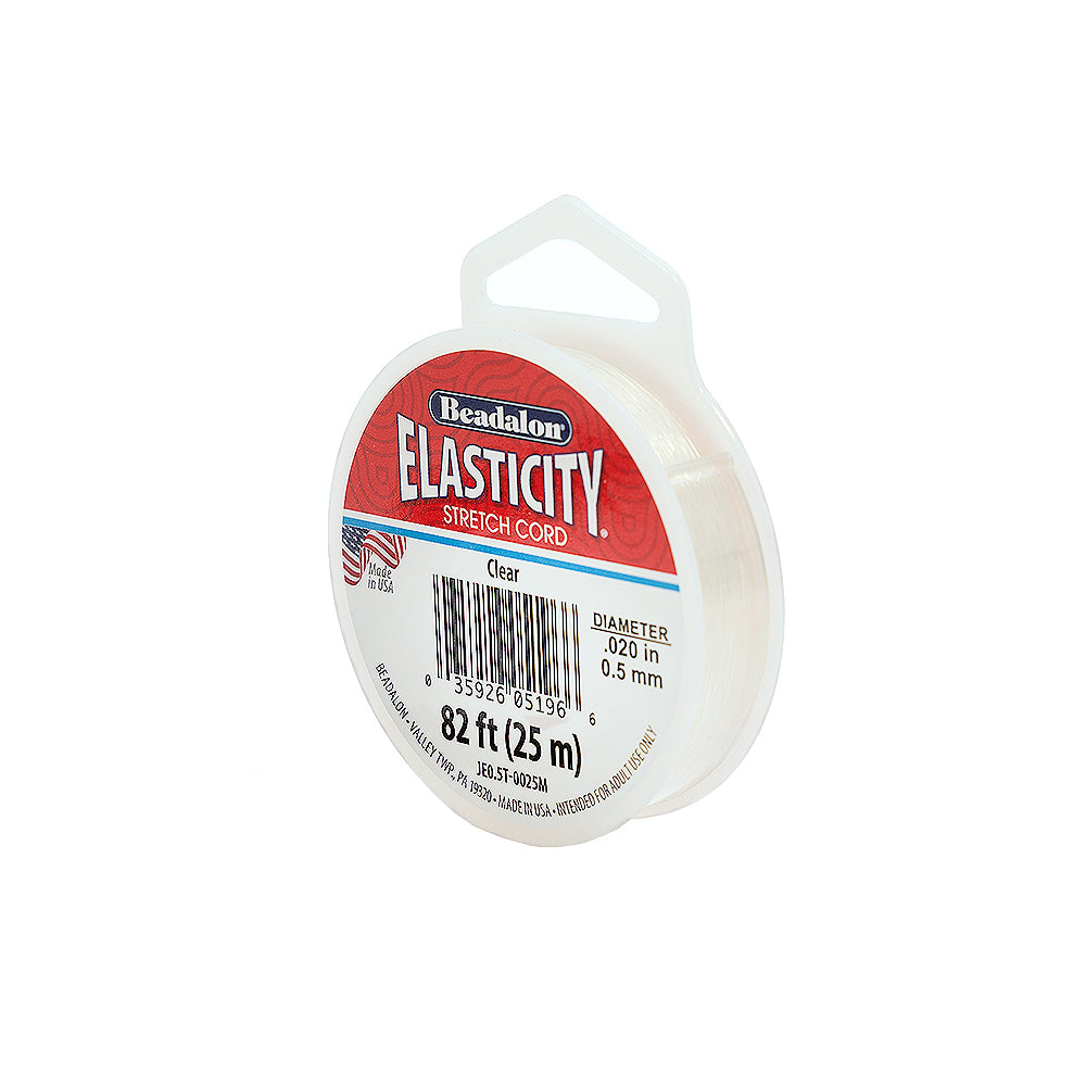 Beadalon Elasticity – durchsichtige Stretchkordel auf Spule, 82 ft (25 m), Durchmesser 0,5 mm, rotes Etikett – ein ideales Elastikkordel- und Fädelmaterial für alle Ihre Schmuckherstellungsprojekte.