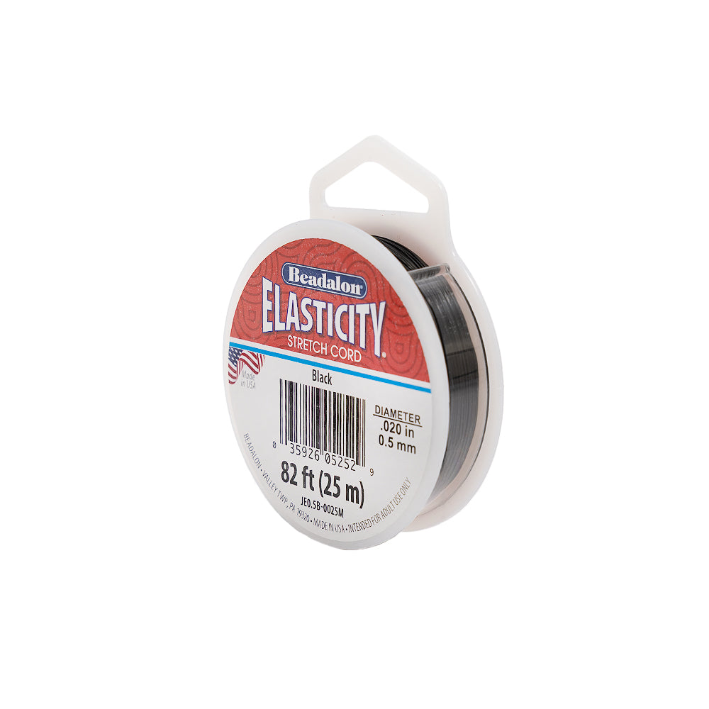Eine Spule „Beadalon Elasticity“ – schwarze Stretchkordel, ideal für die Schmuckherstellung, 0,5 mm elastische Fädelkordel mit einer Länge von 82 ft (25 m).