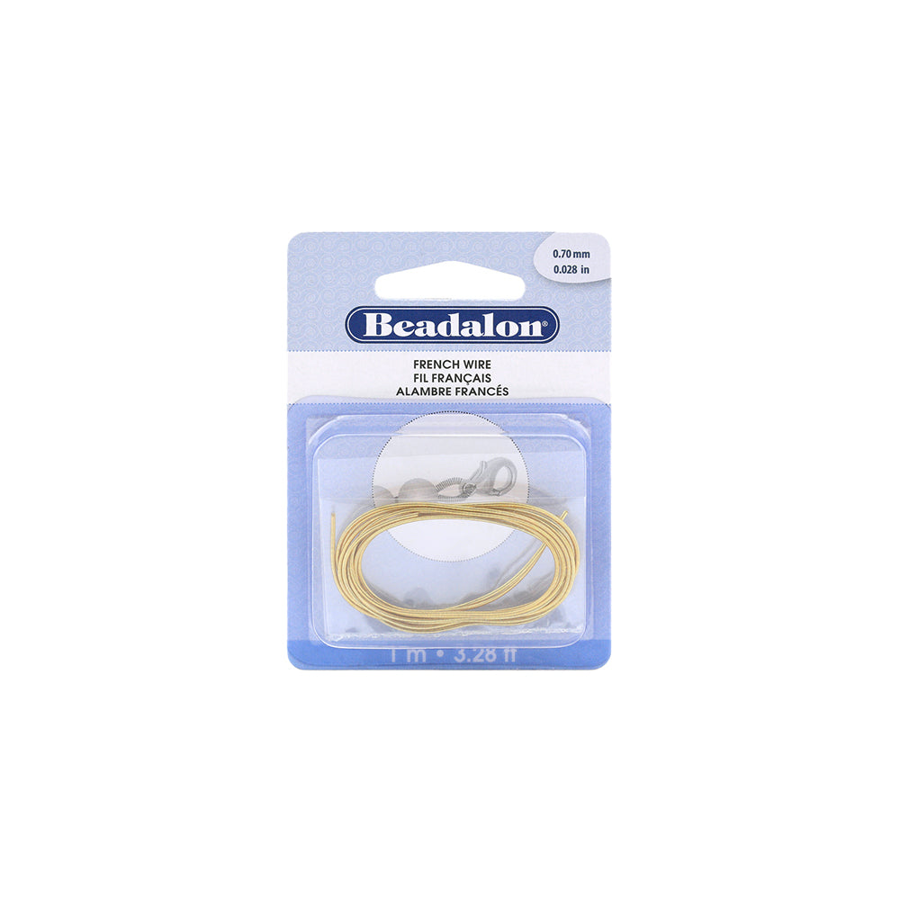 Beadalon French Wire in Gold, 1 Meter, Durchmesser 0,70 mm, in blau-weißer Verpackung – ideal für die professionelle Schmuckherstellung mit Perlenseide oder Schmuckdraht.
