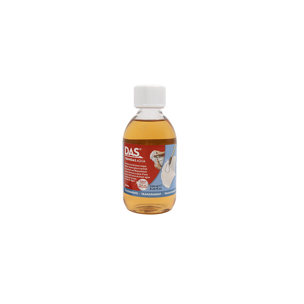Flasche mit wasserbasiertem Glanzlack von DAS zum Schutz von Kunstwerken.