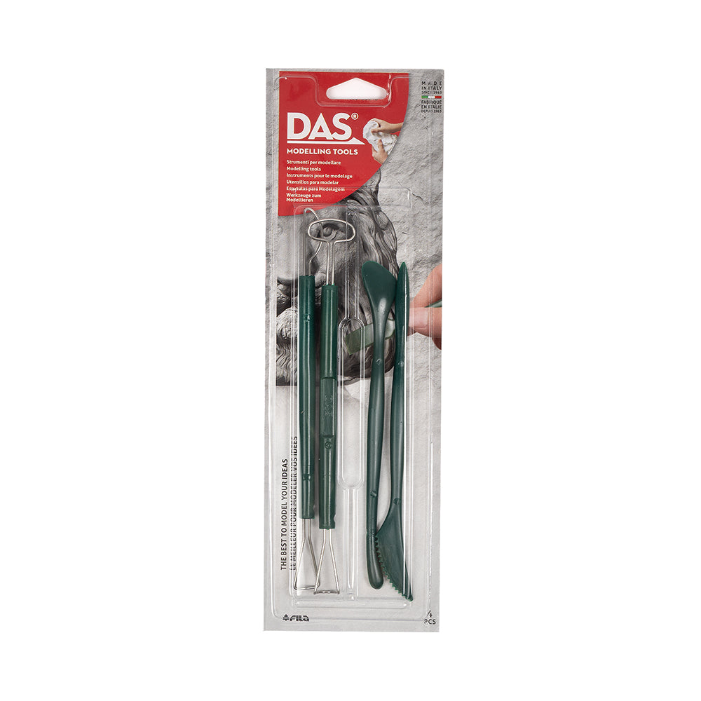 Viererpack grüner DAS-Modellierwerkzeuge aus Kunststoff zur Verwendung mit Modelliermasse.