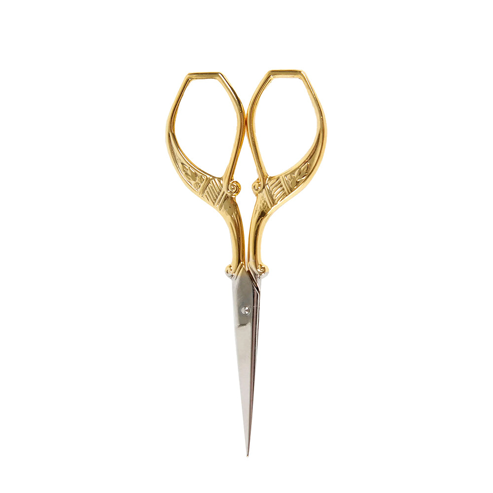 Die DMC Goldgriff-Stickschere mit silbernen Klingen zeigt ein elegantes Storchdesign, aufrecht stehend auf weißem Hintergrund - ideal für präzises Schneiden.