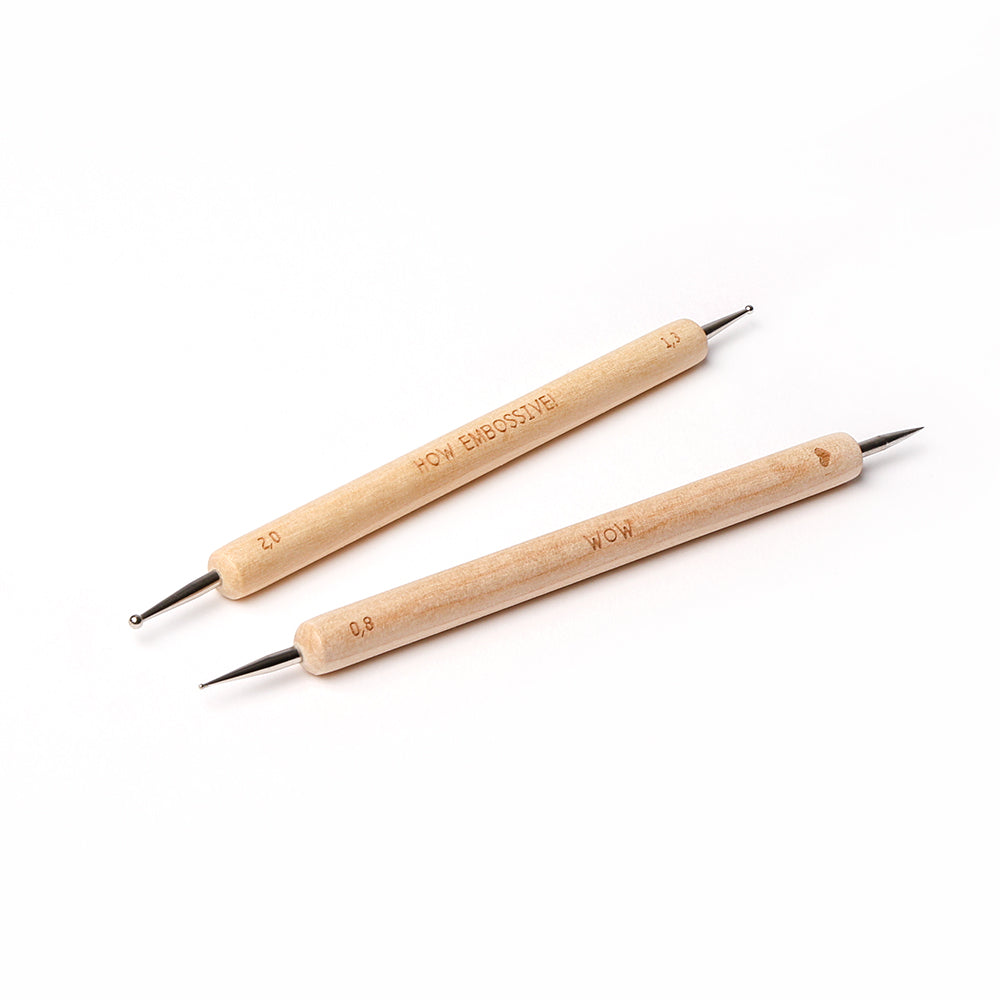 Zwei doppelseitige Präge- und Prickelstifte von folia Paper mit Metallspitzen zur Gestaltung filigraner Motive auf weißem Hintergrund.