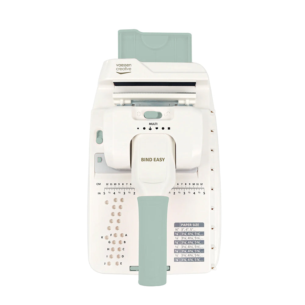 Weiße und mint-grüne Vaessen Bindemaschine mit Maßangaben und einer Papiergrößentabelle auf der Vorderseite, geeignet für Drahtkammbindung.
