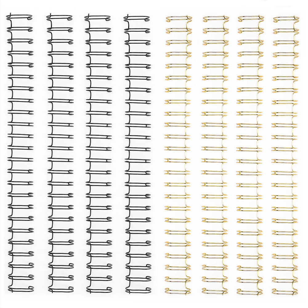 Reihen von schwarz-goldenen Vaessen Metall-Drahtbinderücken sind gleichmäßig auf weißem Hintergrund angeordnet.