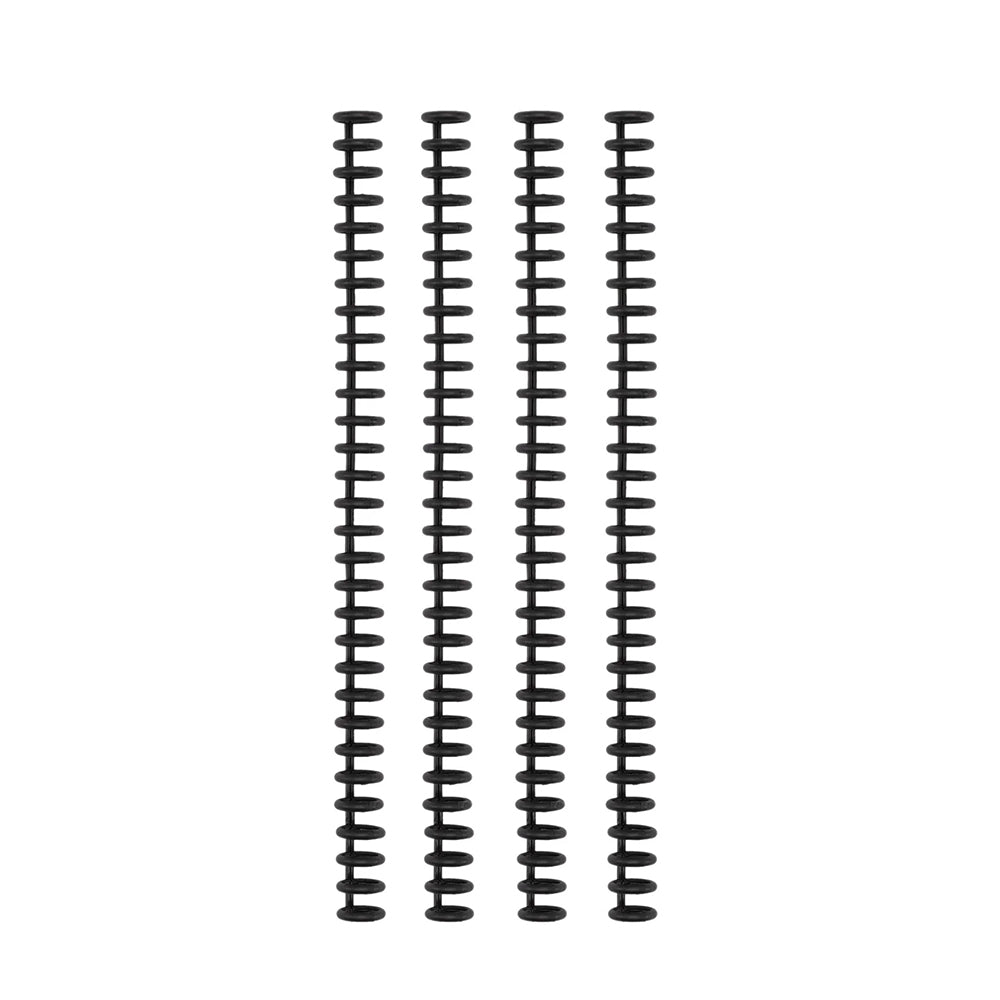 Vier schwarze Vaessen Binderücken, vertikal auf weißem Hintergrund angeordnet, heben wiederverwendbare Binderücken hervor, die sich perfekt für die Organisation Ihrer Dokumente eignen.