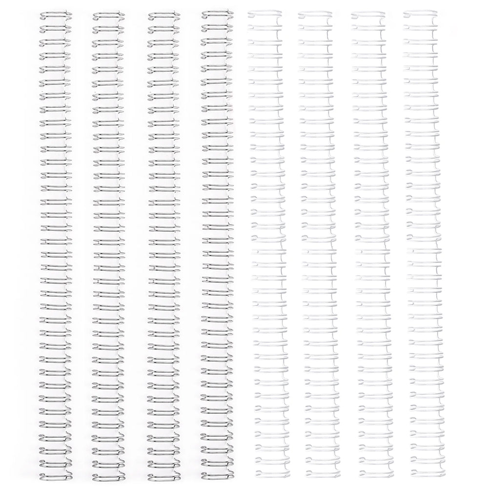 Reihen von weißen und silbernen Vaessen Metall-Drahtbinderücken sind vertikal auf einem weißen Hintergrund angeordnet - ideal für die Verwendung mit Ihrer Bind Easy Bindemaschine oder für Drahtkämme.