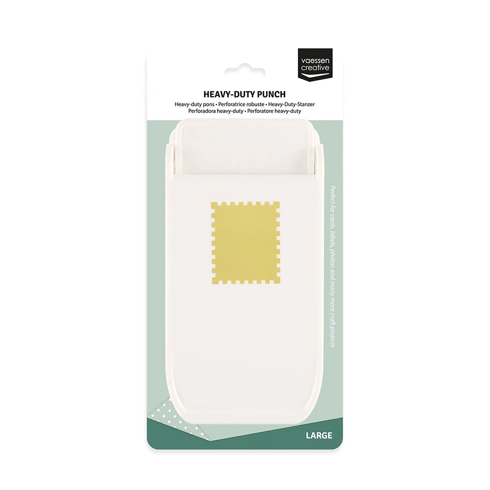 Der Vaessen-Creative Heavy-Duty-Stanzer im Verpackung ist ein robustes Bastelwerkzeug zum Erstellen von stempelartigen, perforierten Papierkanten.
