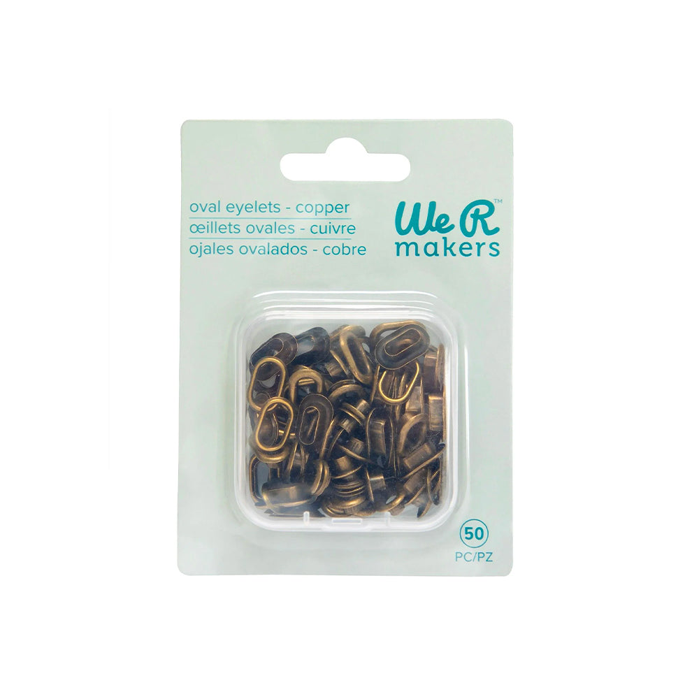 Packung mit 50 Kupfer-Metallösen von Vaessen, perfekt für die Verwendung mit Ihrem ovalen Crop-A-Dile, präsentiert in einem durchsichtigen Kunststoffbehälter auf einer Karte – ideal für Scrapbooking und andere kreative Projekte.
