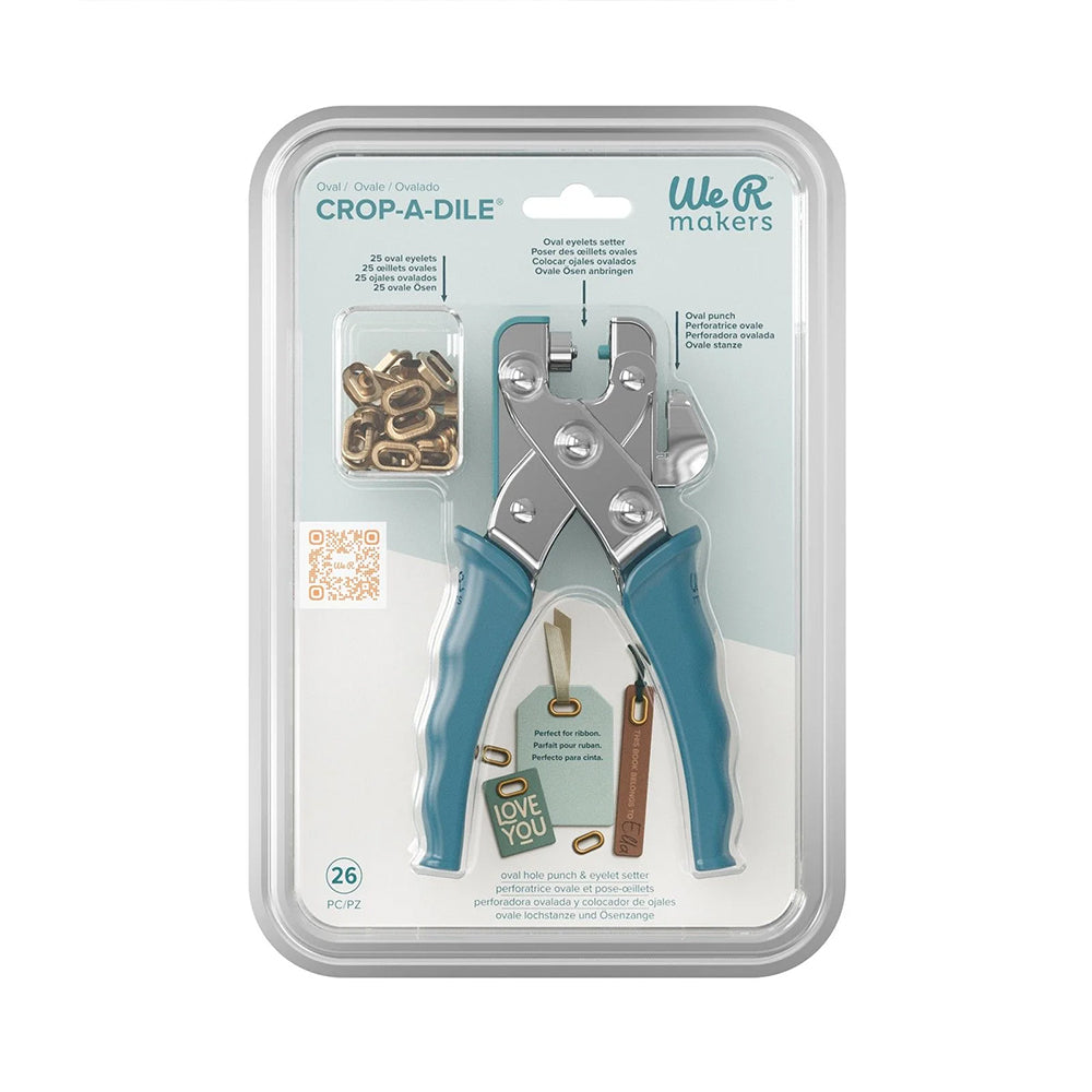 Vaessen Crop-A-Dile-Werkzeug und Zubehör in Kunststoffverpackung für Bastelarbeiten, mit blaugrünen Griffen und Metallteilen – ideal zum Stanzen und zum einfachen Anbringen ovaler Ösen.