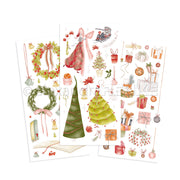 Drei Bögen Alexandra Renke Weihnachtssticker mit Bäumen, Geschenken, Kränzen und Ornamenten - perfekt, um Rub-On Figurenwelt oder Transferfolien Basteln ein festliches Flair zu verleihen.