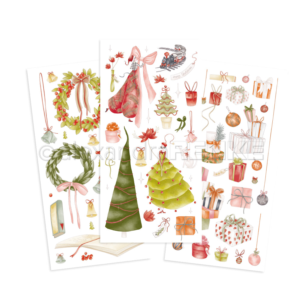 Drei Bögen Alexandra Renke Weihnachtssticker mit Bäumen, Geschenken, Kränzen und Ornamenten - perfekt, um Rub-On Figurenwelt oder Transferfolien Basteln ein festliches Flair zu verleihen.