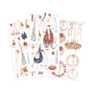 Drei Bögen mit weihnachtlichen Stickern von Alexandra Renke mit Wichteln, Kränzen, Schneemännern, Geschenken und Dekorationen - perfekt für Bastelprojekte zu Weihnachten und zum Aufpeppen der Weihnachtsfreude!.