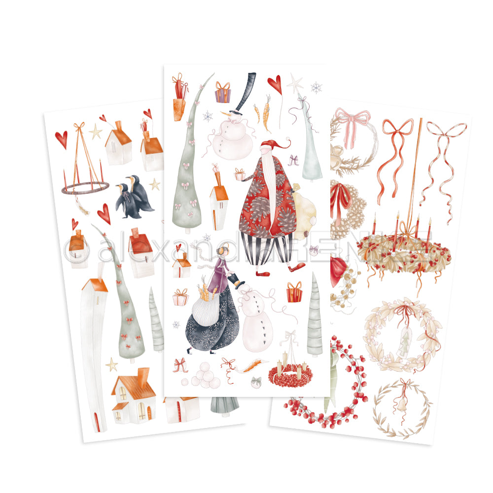 Drei Bögen mit weihnachtlichen Stickern von Alexandra Renke mit Wichteln, Kränzen, Schneemännern, Geschenken und Dekorationen - perfekt für Bastelprojekte zu Weihnachten und zum Aufpeppen der Weihnachtsfreude!.