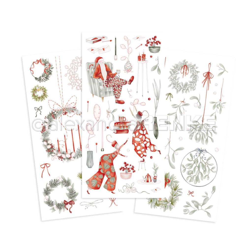 Drei festlich illustrierte Bögen von Alexandra Renke zeigen Weihnachtskränze, Strümpfe, Grünzeug und gemütliche Weihnachtsartikel - perfekt für Motivoberflächen oder um Rub-On Figurenwelt Adventsglanz in Ihre Weihnachtsbasteleien zu integrieren.