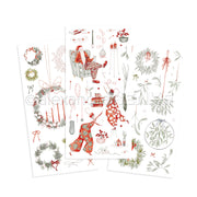 Drei festlich illustrierte Bögen von Alexandra Renke zeigen Weihnachtskränze, Strümpfe, Grünzeug und gemütliche Weihnachtsartikel - perfekt für Motivoberflächen oder um Rub-On Figurenwelt Adventsglanz in Ihre Weihnachtsbasteleien zu integrieren.