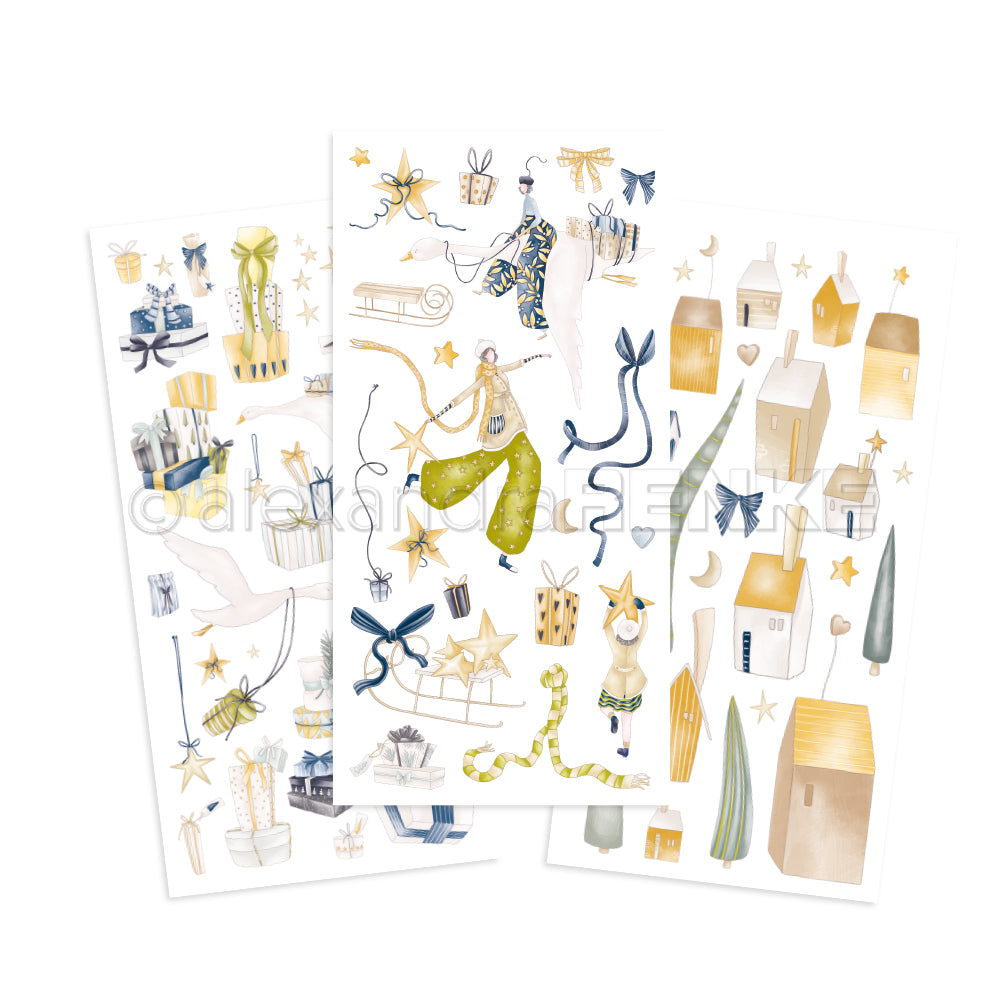 Drei Bögen mit weihnachtlichen Aufklebern von Alexandra Renke, perfekt zum Motiv Aufbringen oder festlichen Transferfolien Basteln. Enthalten sind Sterne, Geschenke, Häuser und weitere dekorative Elemente.