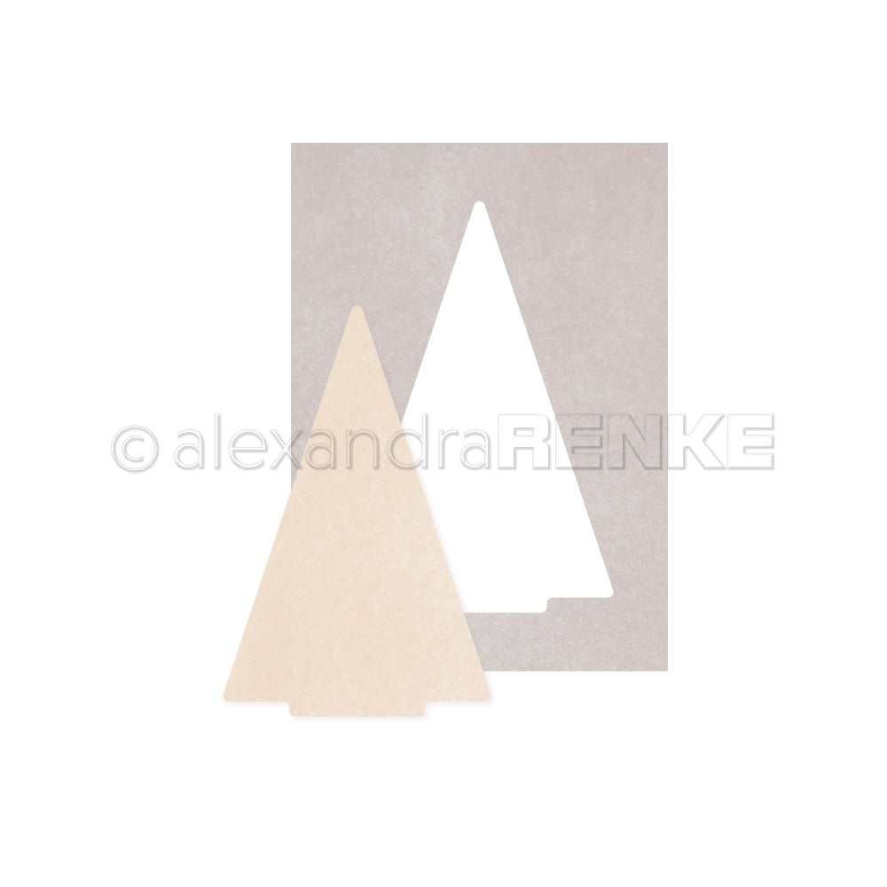 Beigefarbener baumförmiger Ausschnitt und passende Schablone auf weißem Hintergrund von Alexandra Renke, perfekt für die Buchbinderei. Die aus Stahlbandstanzen gefertigte PAPPcut Tanne verleiht Ihren kreativen Projekten Präzision und Charme.