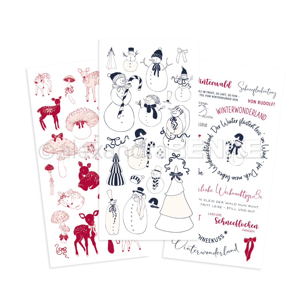 Drei illustrierte Weihnachtspostkarten von Alexandra Renke zeigen rote und schwarze Zeichnungen von Schneemännern, Rehen, Pilzen und deutschem Text - ideal, um sie mit Rub-On-Motiven oder Transferfolien-Basteln für einzigartige Festtagsgrüße zu kombinieren.