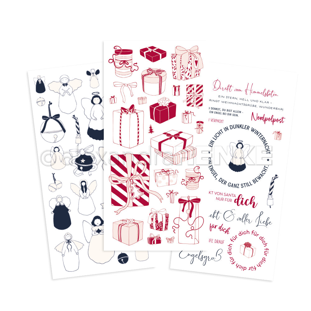 Drei dekorative Bögen mit weihnachtlichen Motiven von Alexandra Renke zeigen Geschenkverpackungen, Pinguine und festliche deutsche Texte - perfekte Rub-On Festlichkeiten Motive für Transferfolien Basteln oder andere kreative Bastelprojekte.