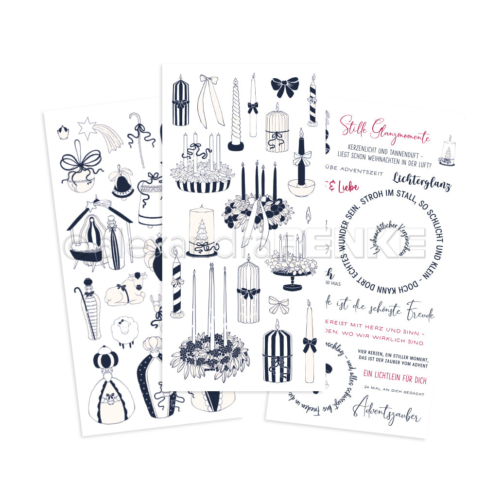 Drei Blätter von Alexandra Renke zeigen handgezeichnete Weihnachtskerzen, Geschenke, Kränze und deutsche Weihnachtsworte in Schwarz und Rosa - ideal für Bastelprojekte oder um Rub-On Festlichkeiten einen festlichen Touch zu verleihen.
