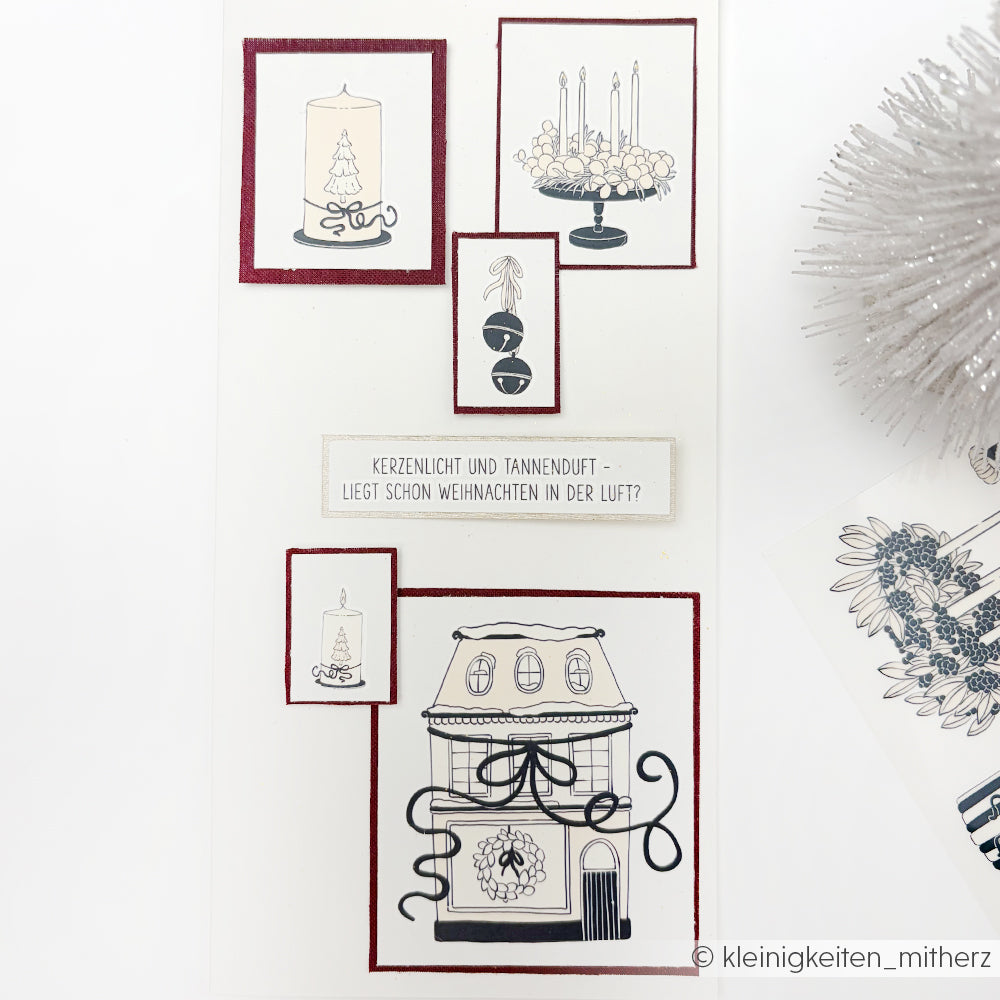 Handgefertigte Weihnachtskarte von Alexandra Renke mit Kerzen-, Kranz-, Ornament- und Hausmotiven auf Weiß - ideal für Adventslichtmotive oder um mit Rub-On Festlichkeiten eine festliche Note zu verleihen.