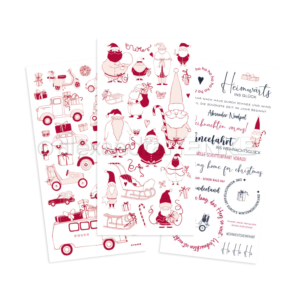 Drei Blätter von Alexandra Renke mit roten Weihnachtsmotiven - Weihnachtsmann, Schneemänner, Fahrzeuge und deutsche Grüße - ideal für Bastelprojekte oder festlichen Charme mit Transferfolie Weihnachten.